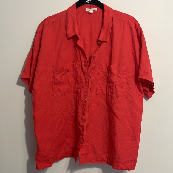 Red Organic Linen Eileen Fisher Button Up Shirt - Picture 3 of 8